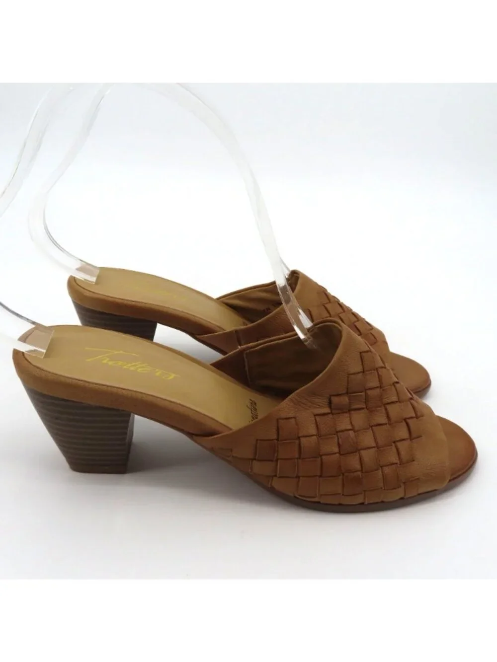 Trotters Women 7 N Brown Leather Basketweave Woven Slide Heels Sandals Shoes